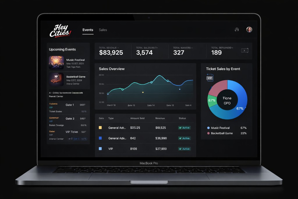 Hey Cities! dashboard — events and sales overview